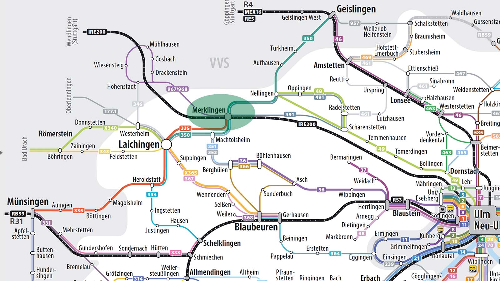 Streckennetz ÖPNV, Bahnhof Merklingen in grün eingekreist